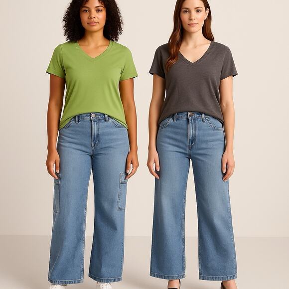 Lands’ End Green Cotton Tee & Tahari Gray Linen V-Neck Top Women’s Size M Bundle - Picture 1 of 9